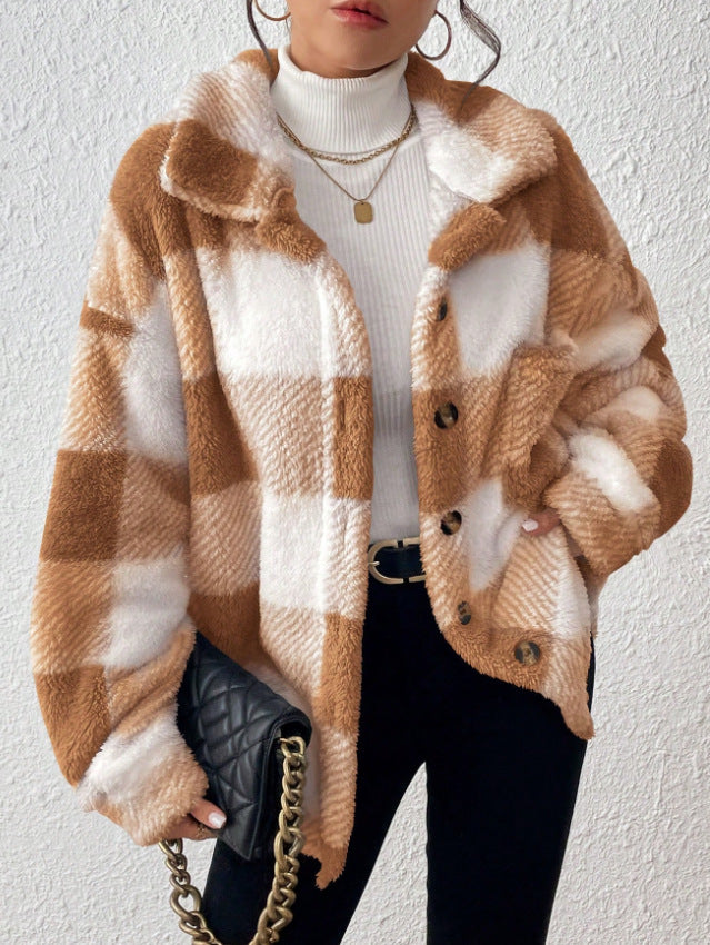 Womens Casual Plaid Plush Jacket with Buttoned Front