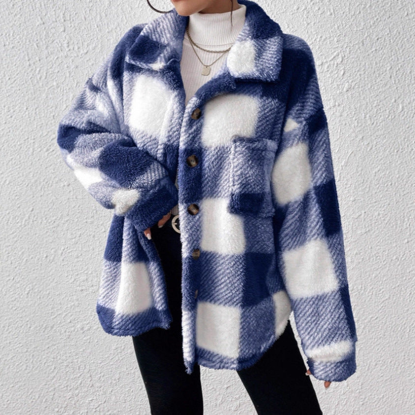 Womens Casual Plaid Plush Jacket with Buttoned Front