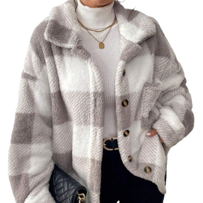 Womens Casual Plaid Plush Jacket with Buttoned Front