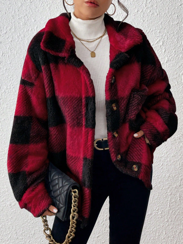 Womens Casual Plaid Plush Jacket with Buttoned Front