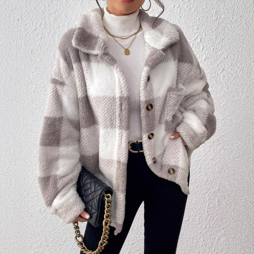 Womens Casual Plaid Plush Jacket with Buttoned Front