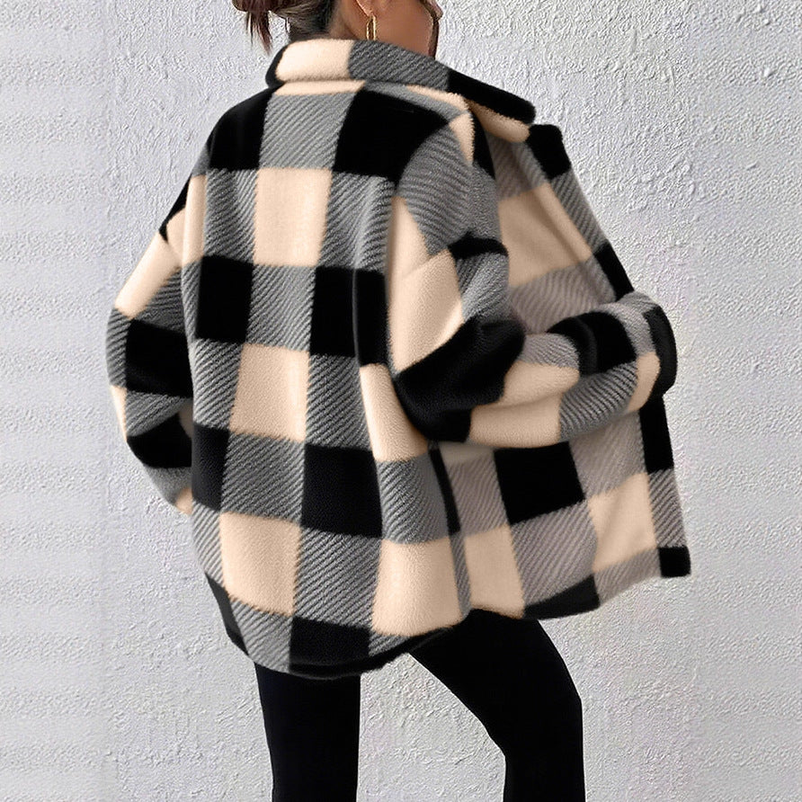 Womens Casual Plaid Plush Jacket with Buttoned Front
