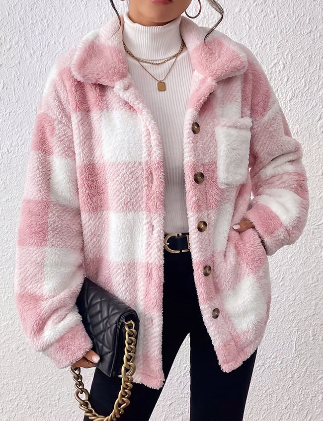 Womens Casual Plaid Plush Jacket with Buttoned Front