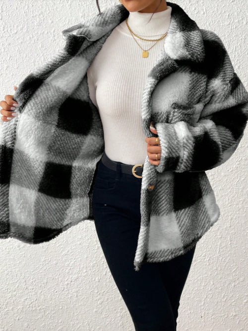 Womens Casual Plaid Plush Jacket with Buttoned Front