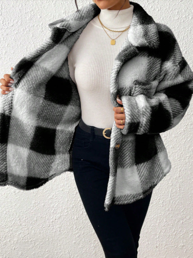 Womens Casual Plaid Plush Jacket with Buttoned Front