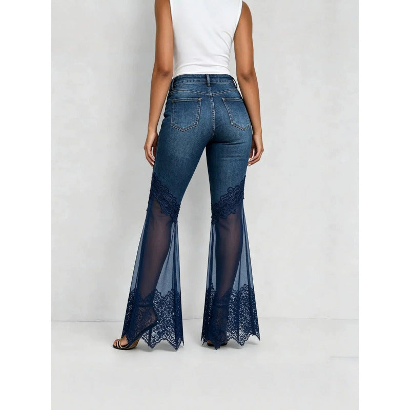 High-waisted denim flared jeans with asymmetrical hem