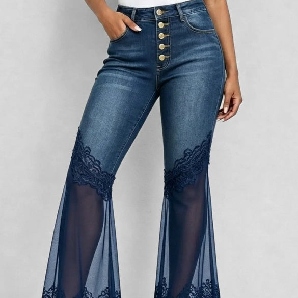 High-waisted denim flared jeans with asymmetrical hem