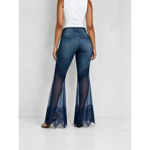 High-waisted denim flared jeans with asymmetrical hem