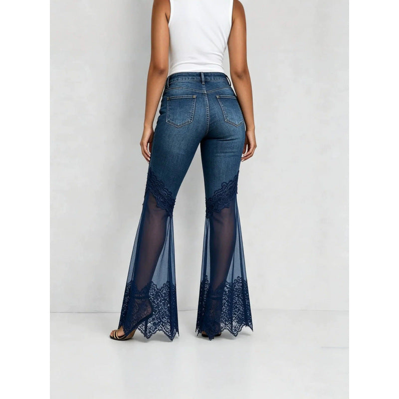 High-waisted denim flared jeans with asymmetrical hem