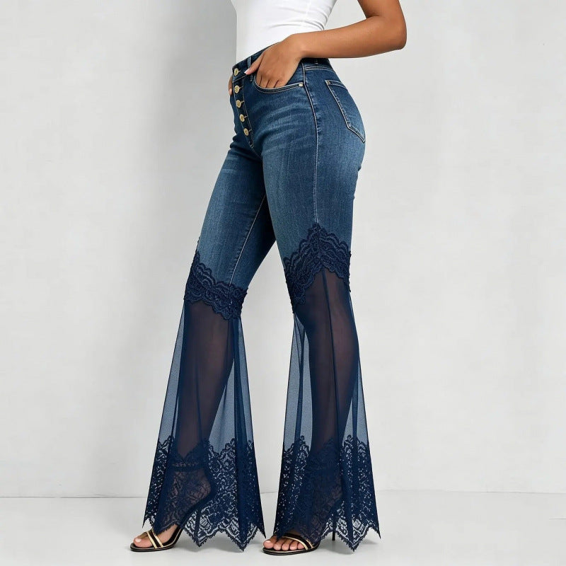 High-waisted denim flared jeans with asymmetrical hem