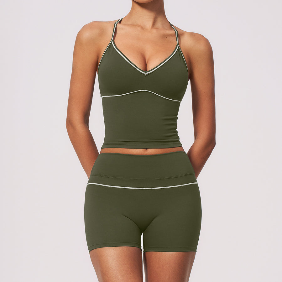 V-neck Halter Top & Tummy Control High-waist Shorts for Women