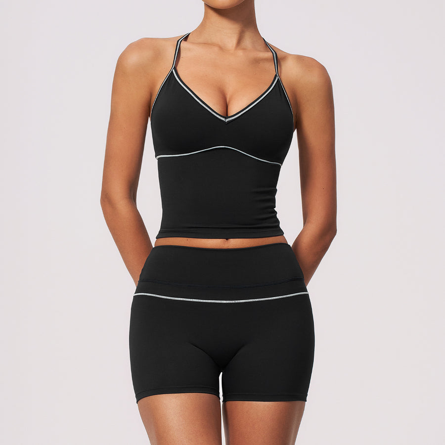 V-neck Halter Top & Tummy Control High-waist Shorts for Women