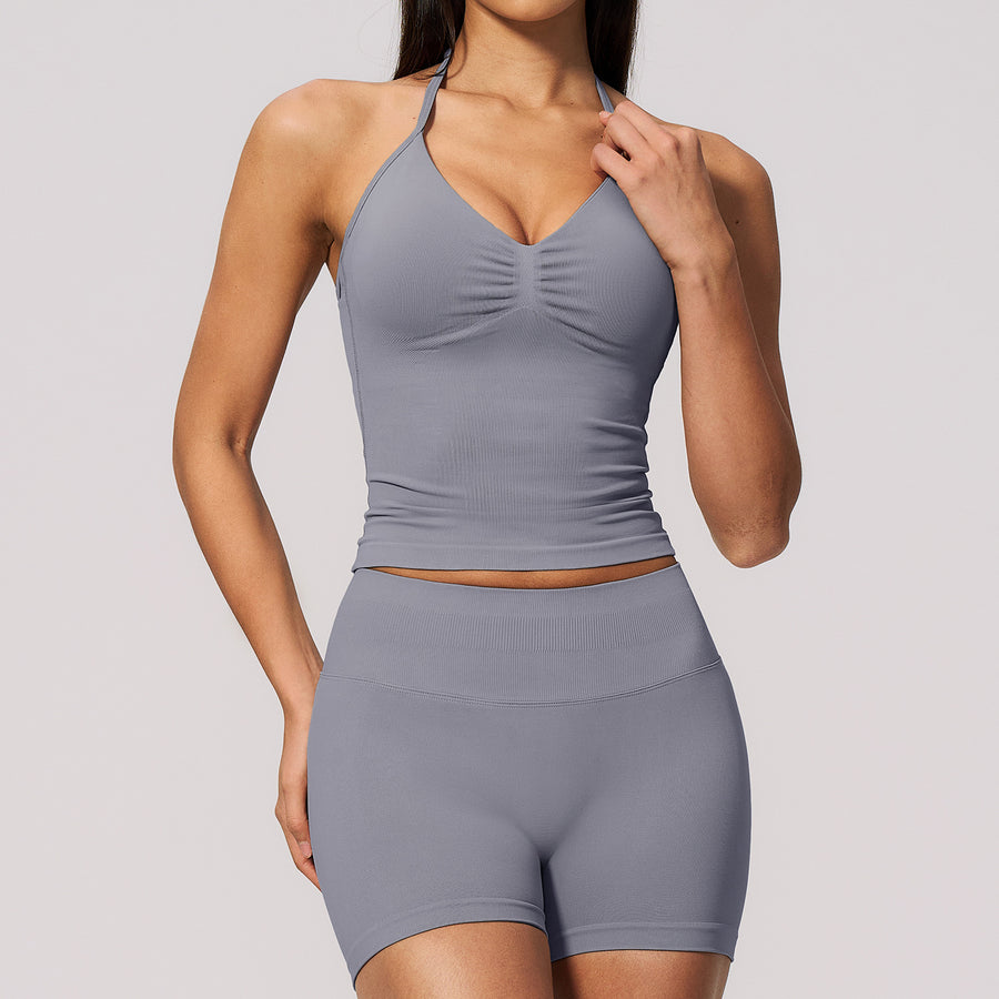 Backless Halter Top and High-Elastic Shorts Set for Women