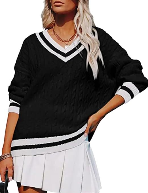 New Womens Fall V-neck Casual Color-block Cable-knit Sweater