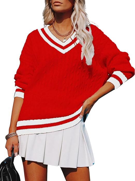 New Womens Fall V-neck Casual Color-block Cable-knit Sweater