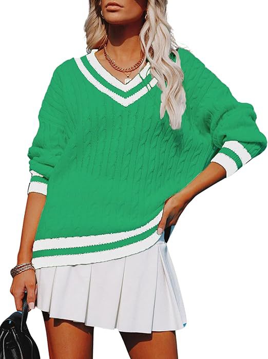 New Womens Fall V-neck Casual Color-block Cable-knit Sweater