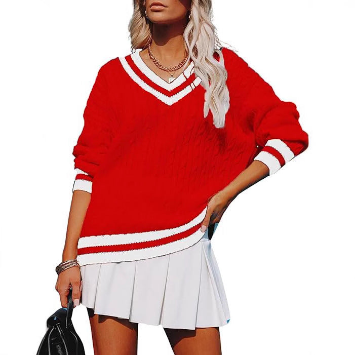 New Womens Fall V-neck Casual Color-block Cable-knit Sweater