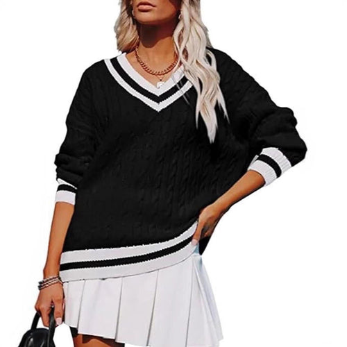 New Womens Fall V-neck Casual Color-block Cable-knit Sweater