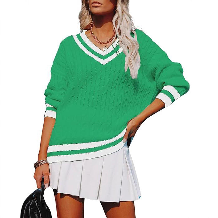 New Womens Fall V-neck Casual Color-block Cable-knit Sweater