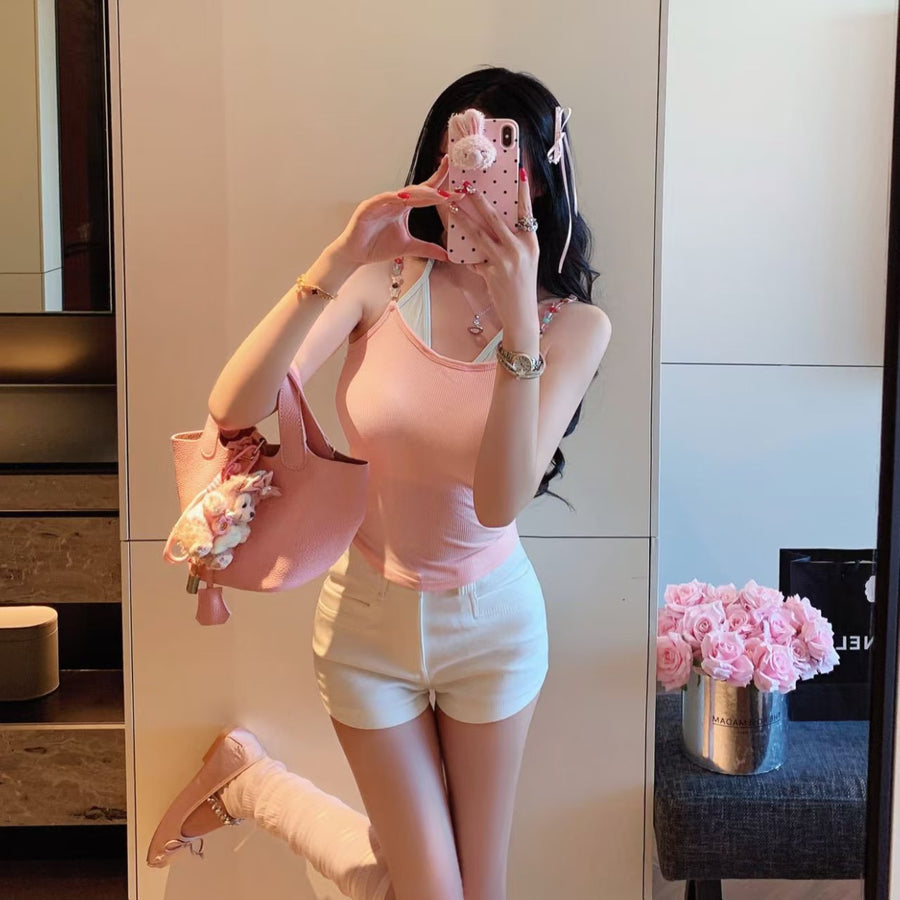 Stylish Two Piece Set - Sleeveless Halter Vest with Padding