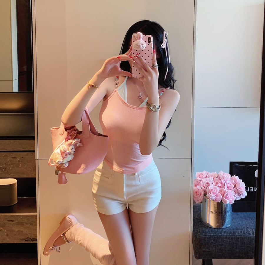 Stylish Two Piece Set - Sleeveless Halter Vest with Padding