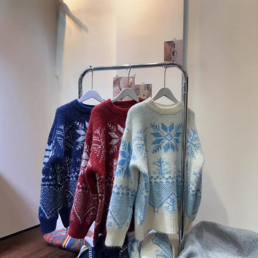 Womens Jacquard Sweater Crew-neck Snowflake Knit Top