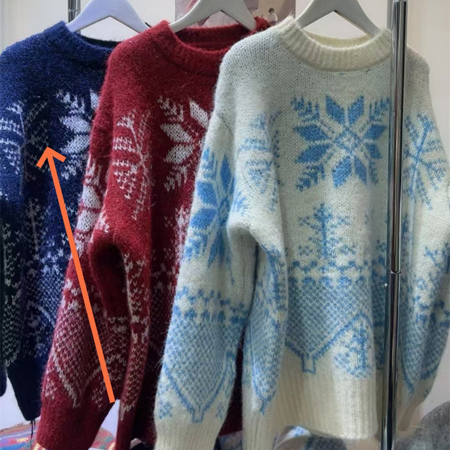 Womens Jacquard Sweater Crew-neck Snowflake Knit Top