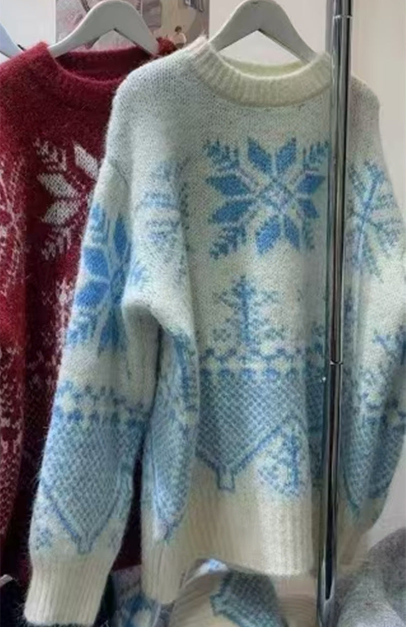 Womens Jacquard Sweater Crew-neck Snowflake Knit Top