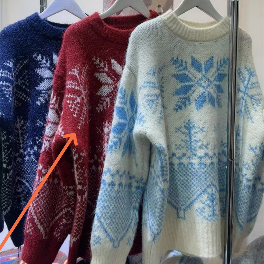 Womens Jacquard Sweater Crew-neck Snowflake Knit Top