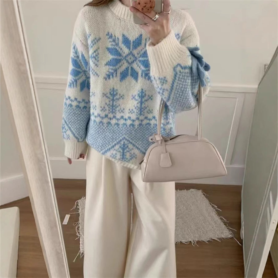 Womens Jacquard Sweater Crew-neck Snowflake Knit Top