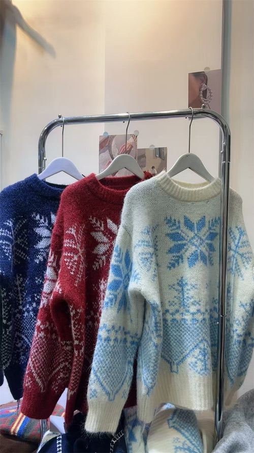 Womens Jacquard Sweater Crew-neck Snowflake Knit Top