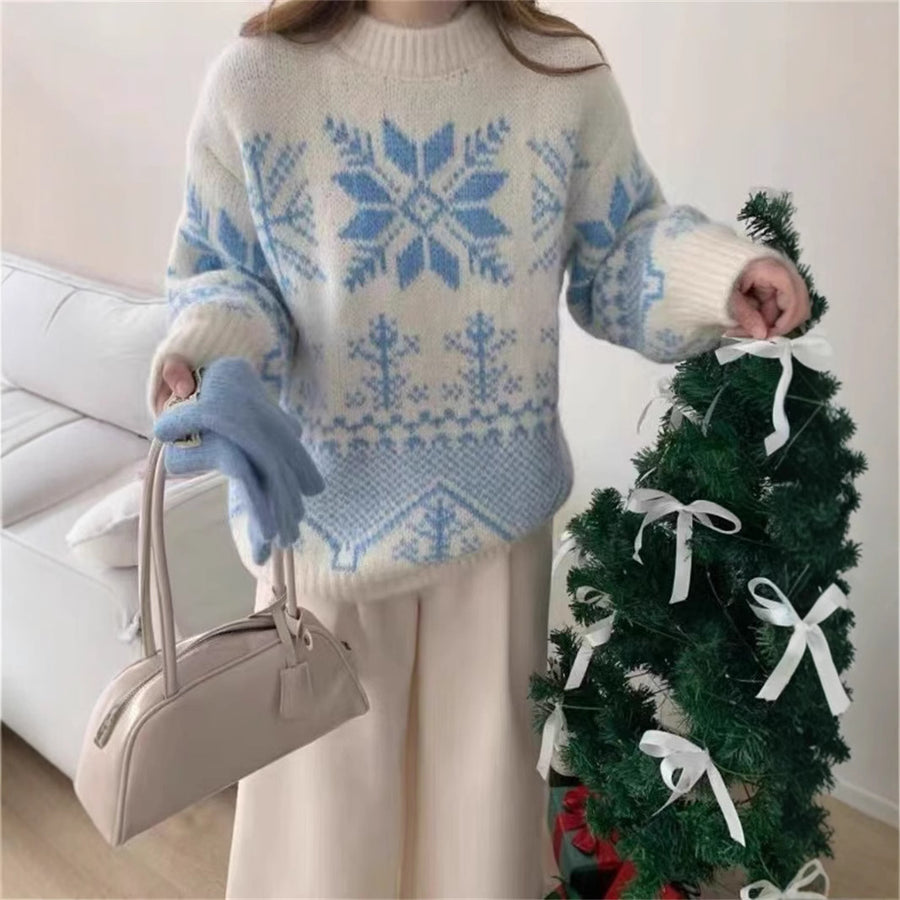 Womens Jacquard Sweater Crew-neck Snowflake Knit Top