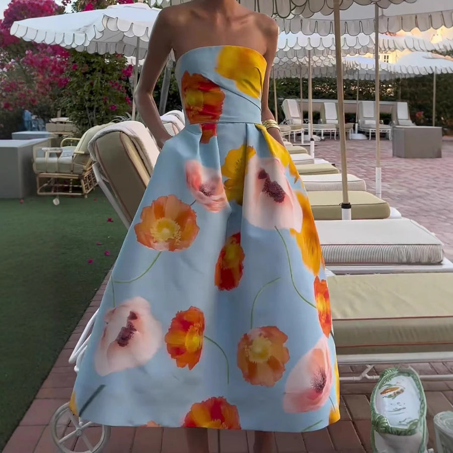 Womens Sleeveless Floral Print Evening Dress - Elegant Style