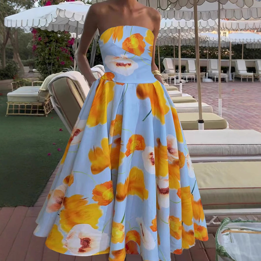Womens Sleeveless Floral Print Evening Dress - Elegant Style