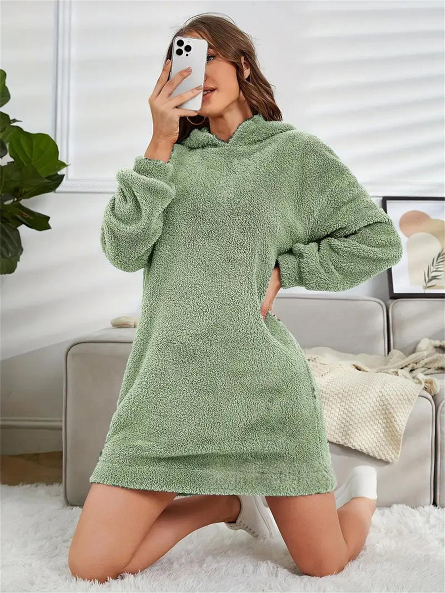 Womens Hooded Long-sleeve Plush Dress for Comfort
