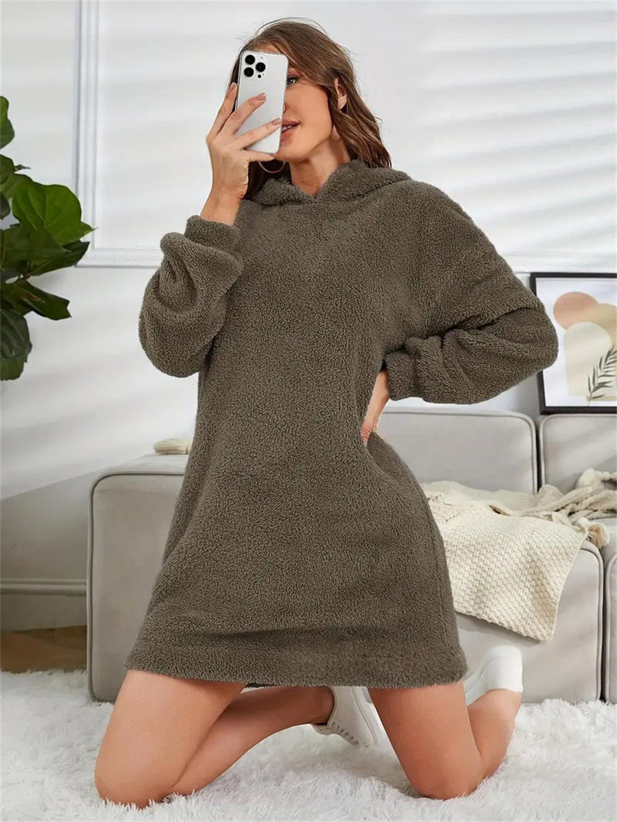 Womens Hooded Long-sleeve Plush Dress for Comfort