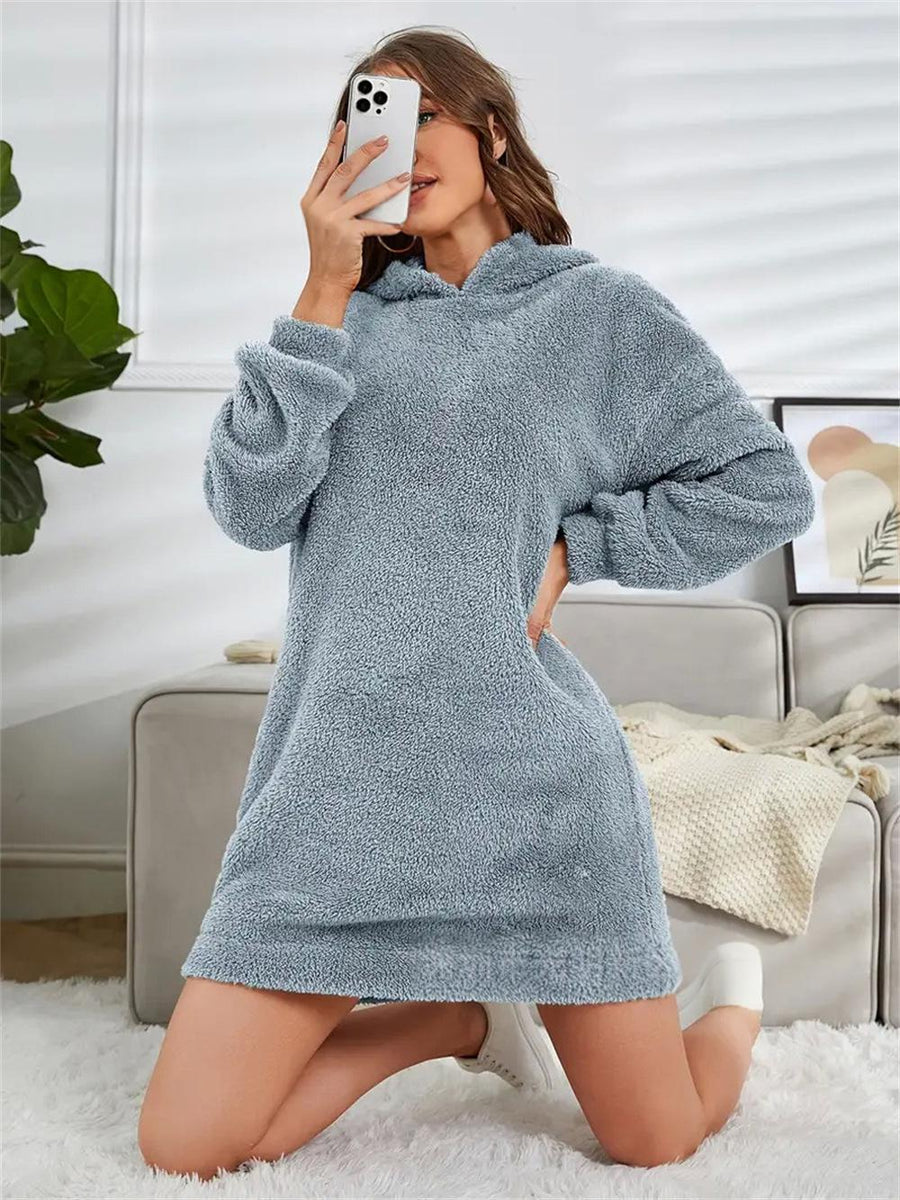 Womens Hooded Long-sleeve Plush Dress for Comfort