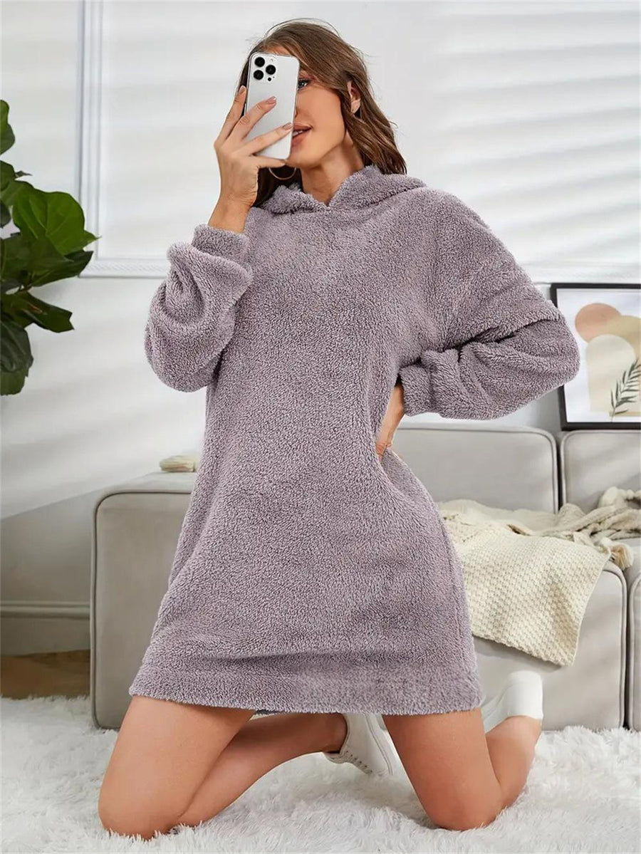 Womens Hooded Long-sleeve Plush Dress for Comfort