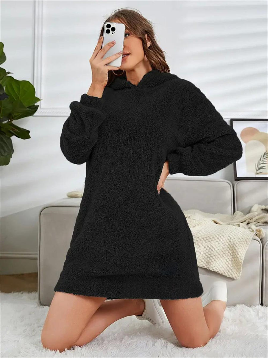 Womens Hooded Long-sleeve Plush Dress for Comfort