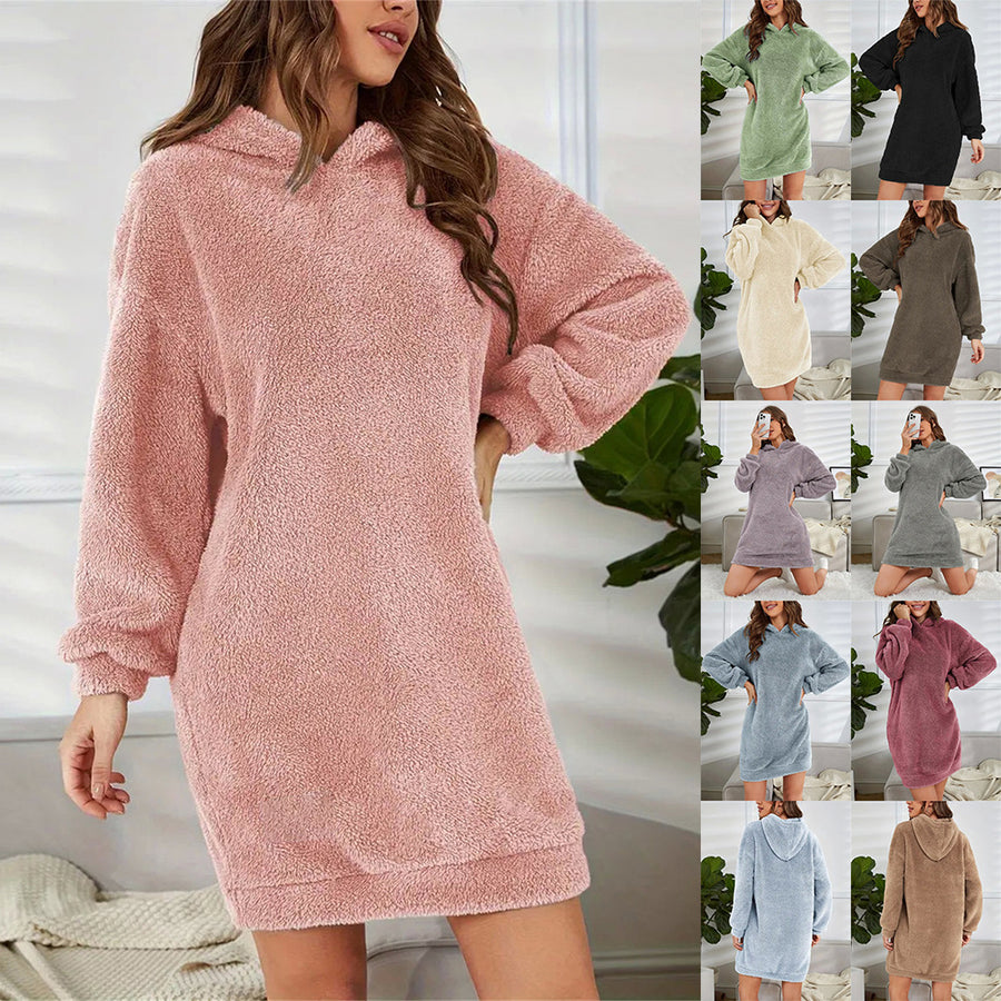 Womens Hooded Long-sleeve Plush Dress for Comfort