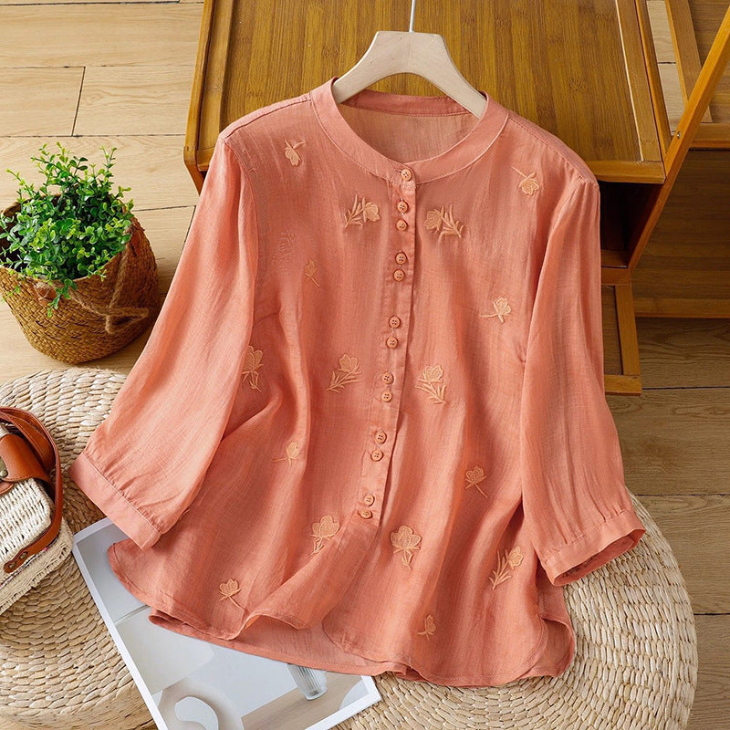 Stand-collar Retro Loose-fit Embroidered Blouse for Women