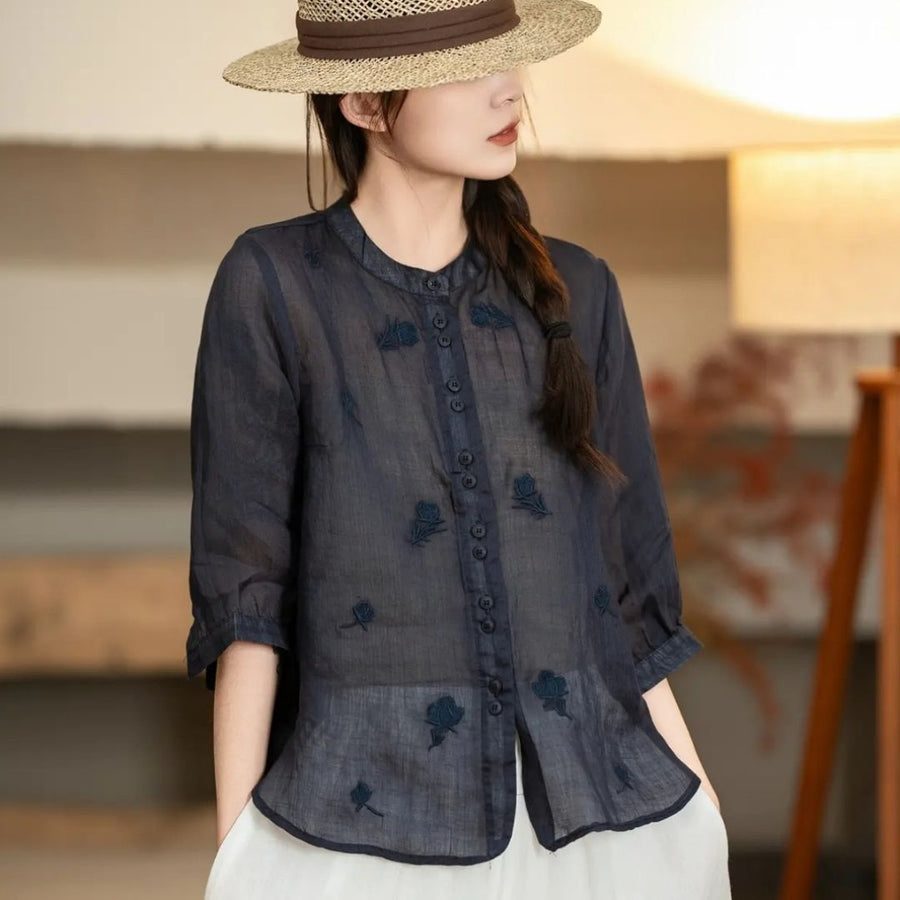 Stand-collar Retro Loose-fit Embroidered Blouse for Women