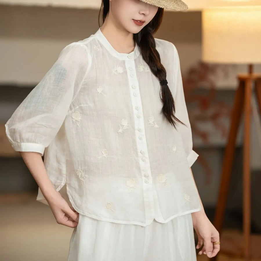 Stand-collar Retro Loose-fit Embroidered Blouse for Women