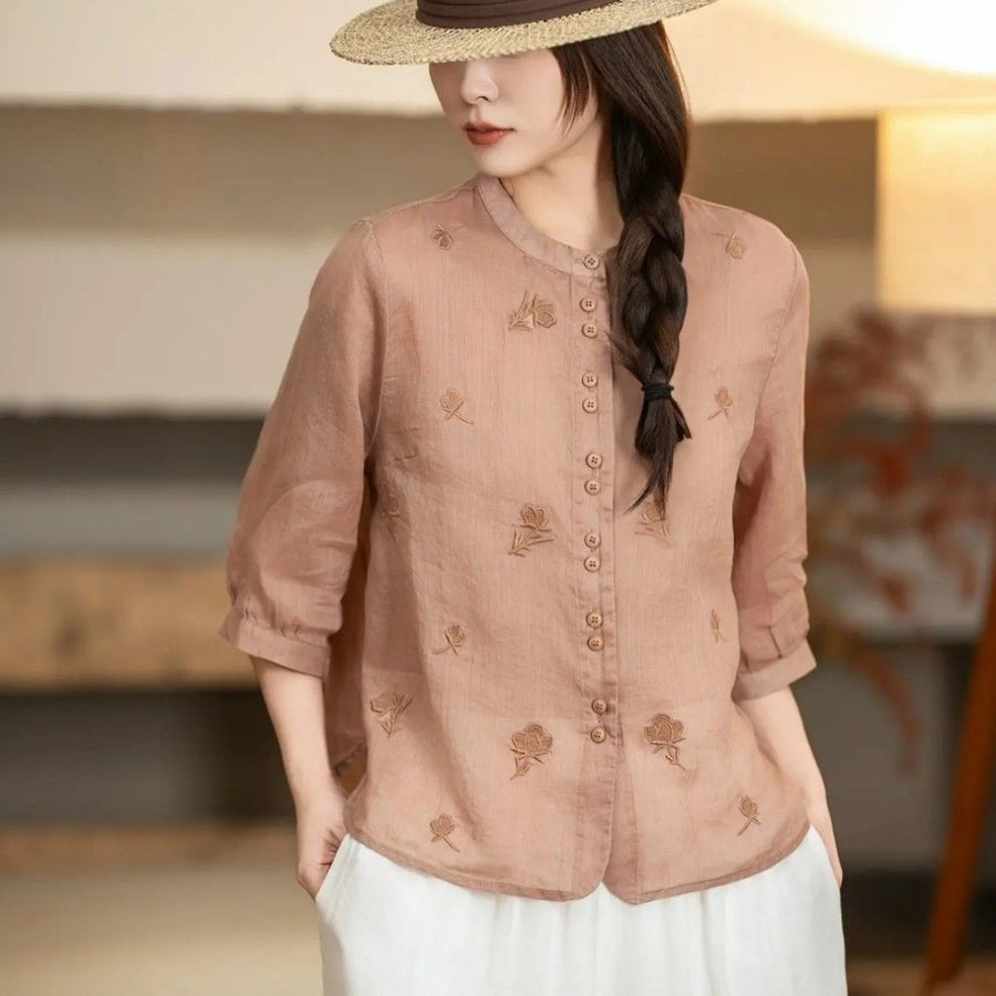 Stand-collar Retro Loose-fit Embroidered Blouse for Women