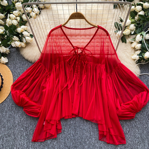 Red Chiffon Blouse - Skin-Friendly & Breathable with Tie Details