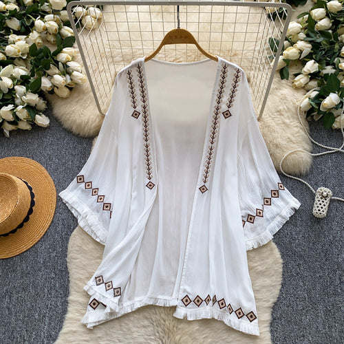 Embroidered Loose-Fit Elegant Blouse With Tassels