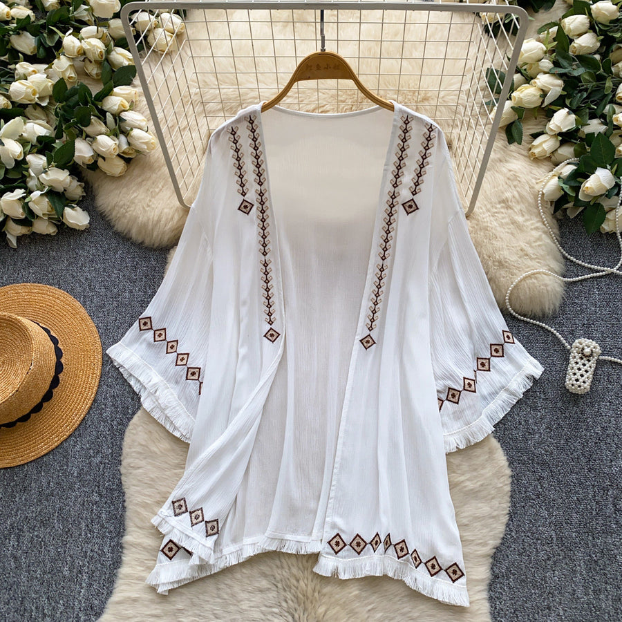 Embroidered Loose-Fit Elegant Blouse With Tassels