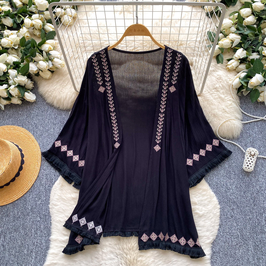 Embroidered Loose-Fit Elegant Blouse With Tassels