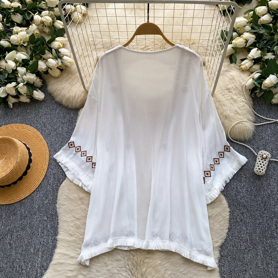 Embroidered Loose-Fit Elegant Blouse With Tassels