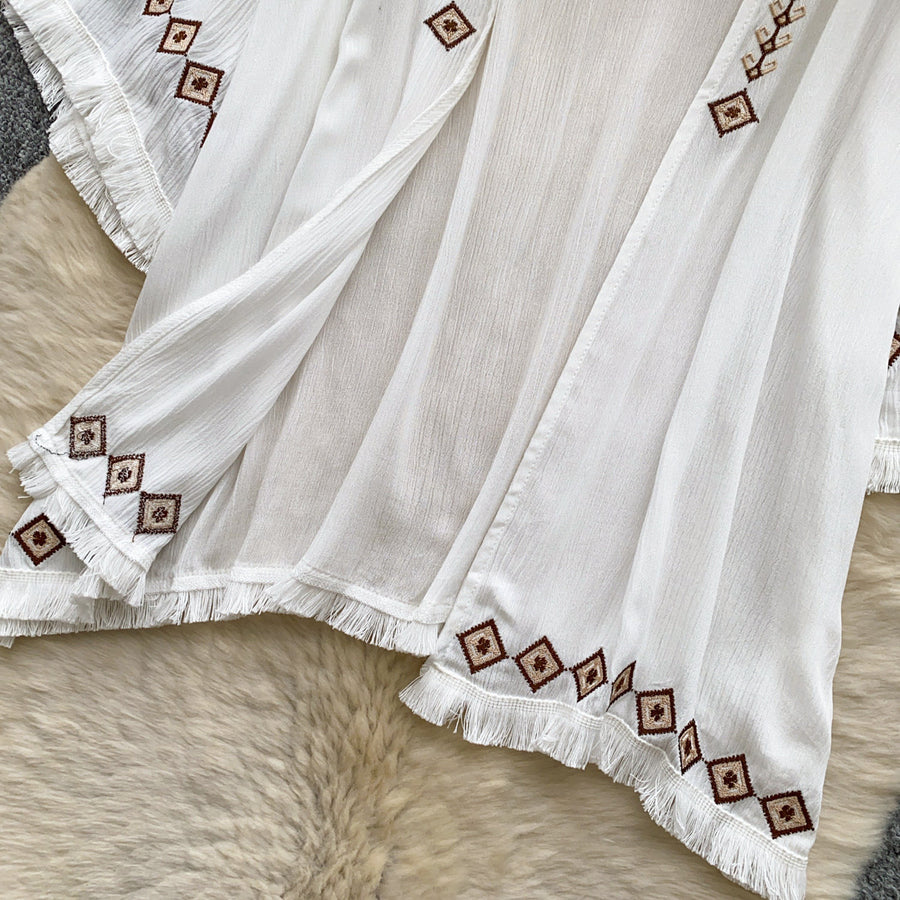 Embroidered Loose-Fit Elegant Blouse With Tassels
